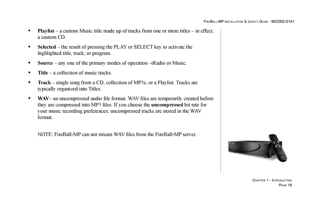 Escient MP-100 manual FIREBALL-MP Installation & USER’S Guide M22002-01A1 