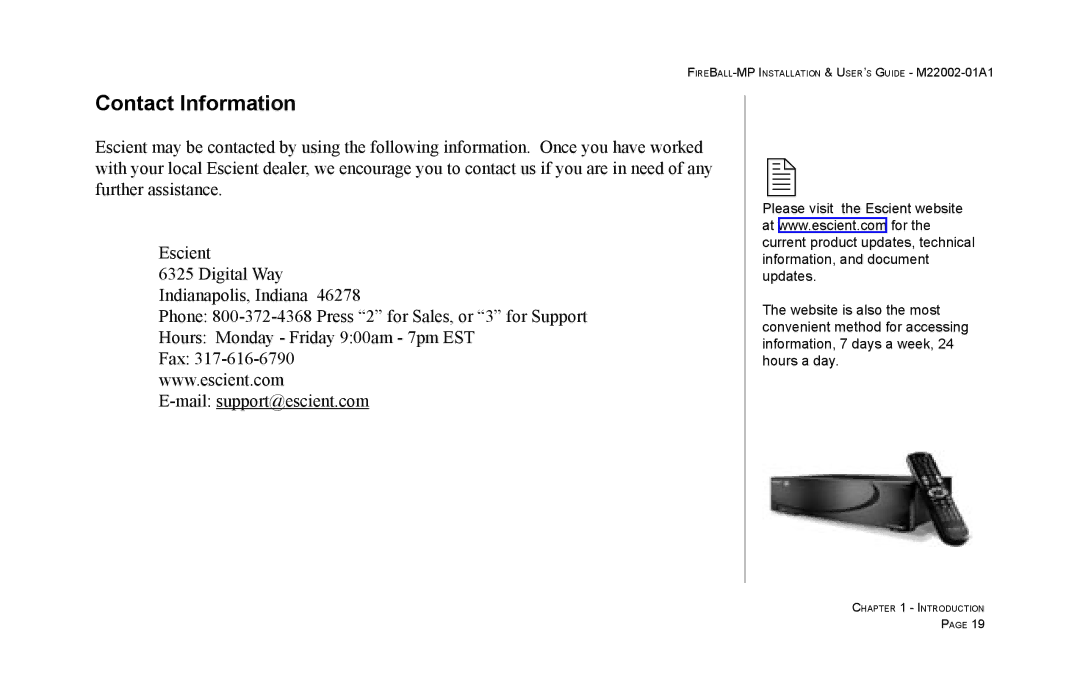 Escient MP-100 manual Contact Information 