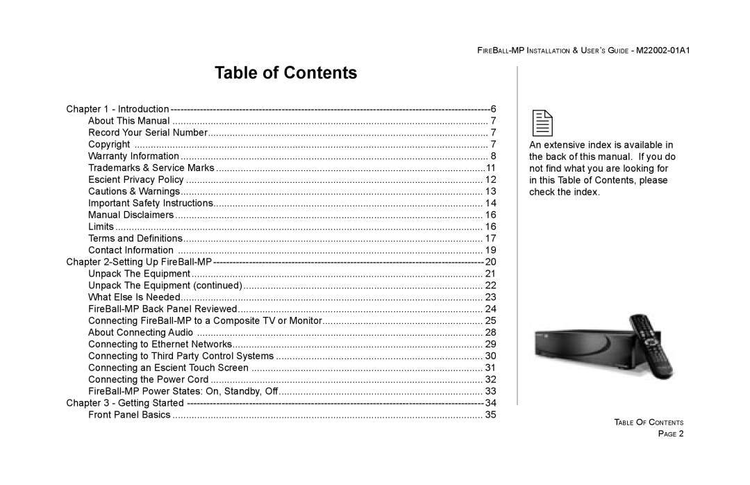 Escient MP-100 manual Table of Contents 