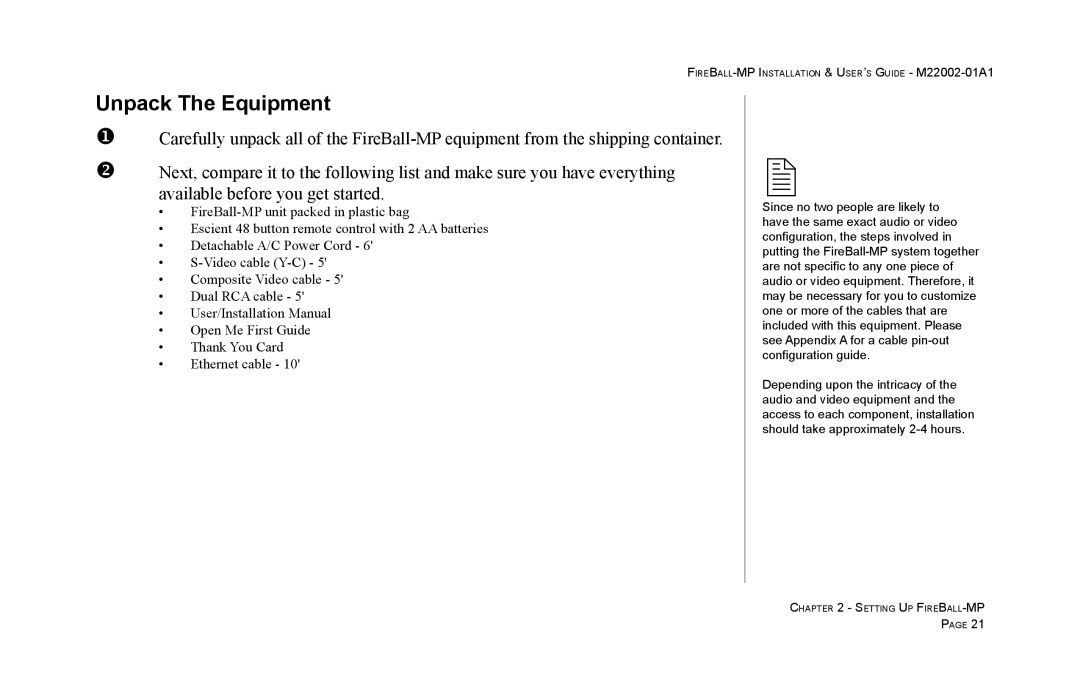 Escient MP-100 manual Unpack The Equipment 