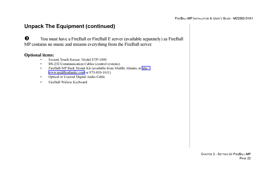 Escient MP-100 manual Optional items 