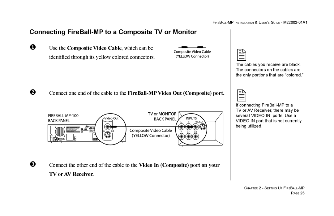 Escient MP-100 manual Connecting FireBall-MP to a Composite TV or Monitor 