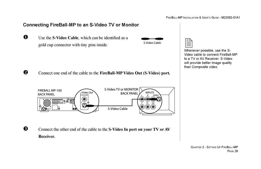 Escient MP-100 manual Connecting FireBall-MP to an S-Video TV or Monitor 