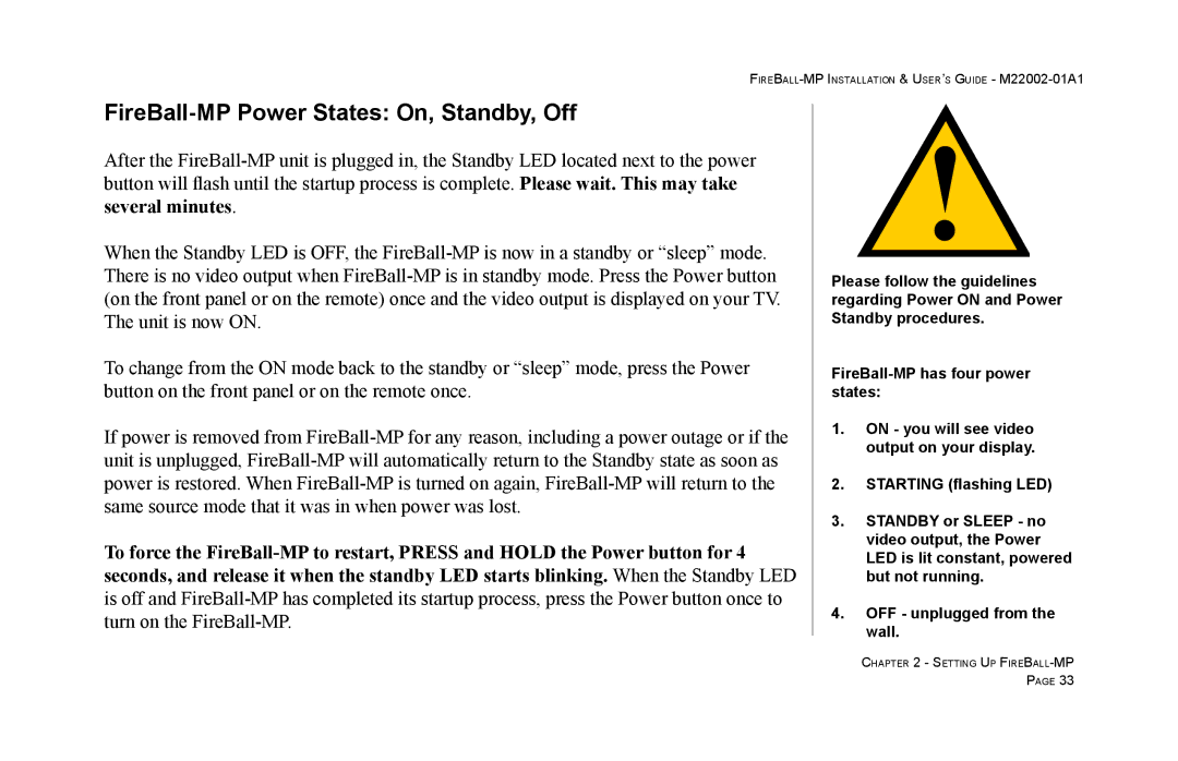 Escient MP-100 manual FireBall-MP Power States On, Standby, Off 