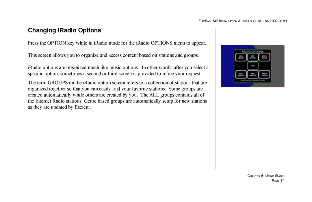 Escient MP-100 manual Changing iRadio Options 