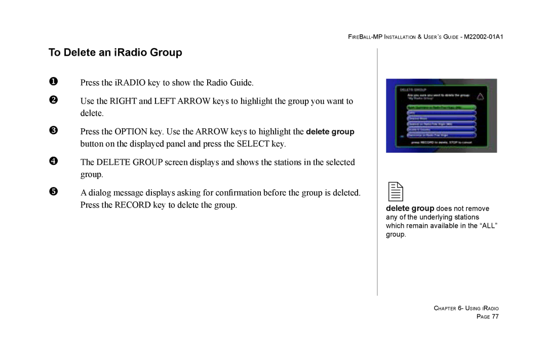 Escient MP-100 manual To Delete an iRadio Group 