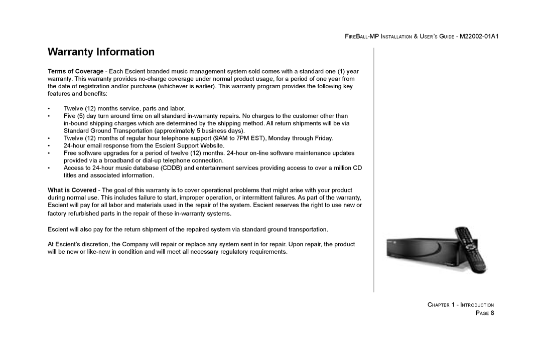 Escient MP-100 manual Warranty Information 