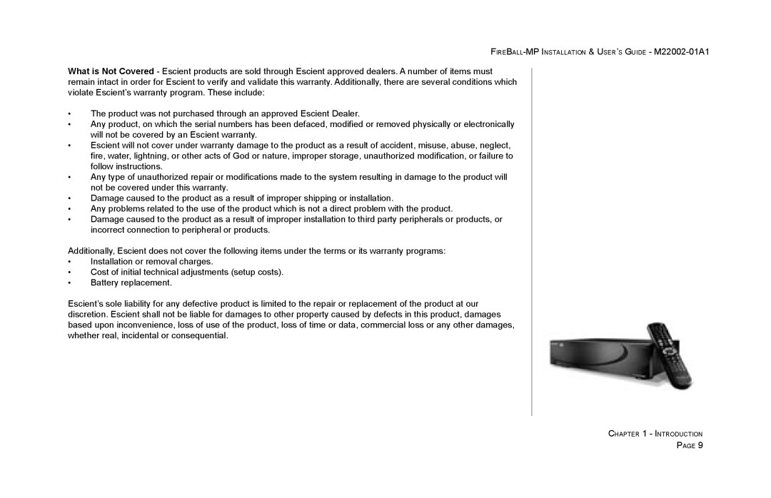 Escient MP-100 manual FIREBALL-MP Installation & USER’S Guide M22002-01A1 