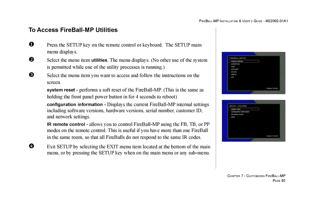 Escient MP-100 manual To Access FireBall-MP Utilities 