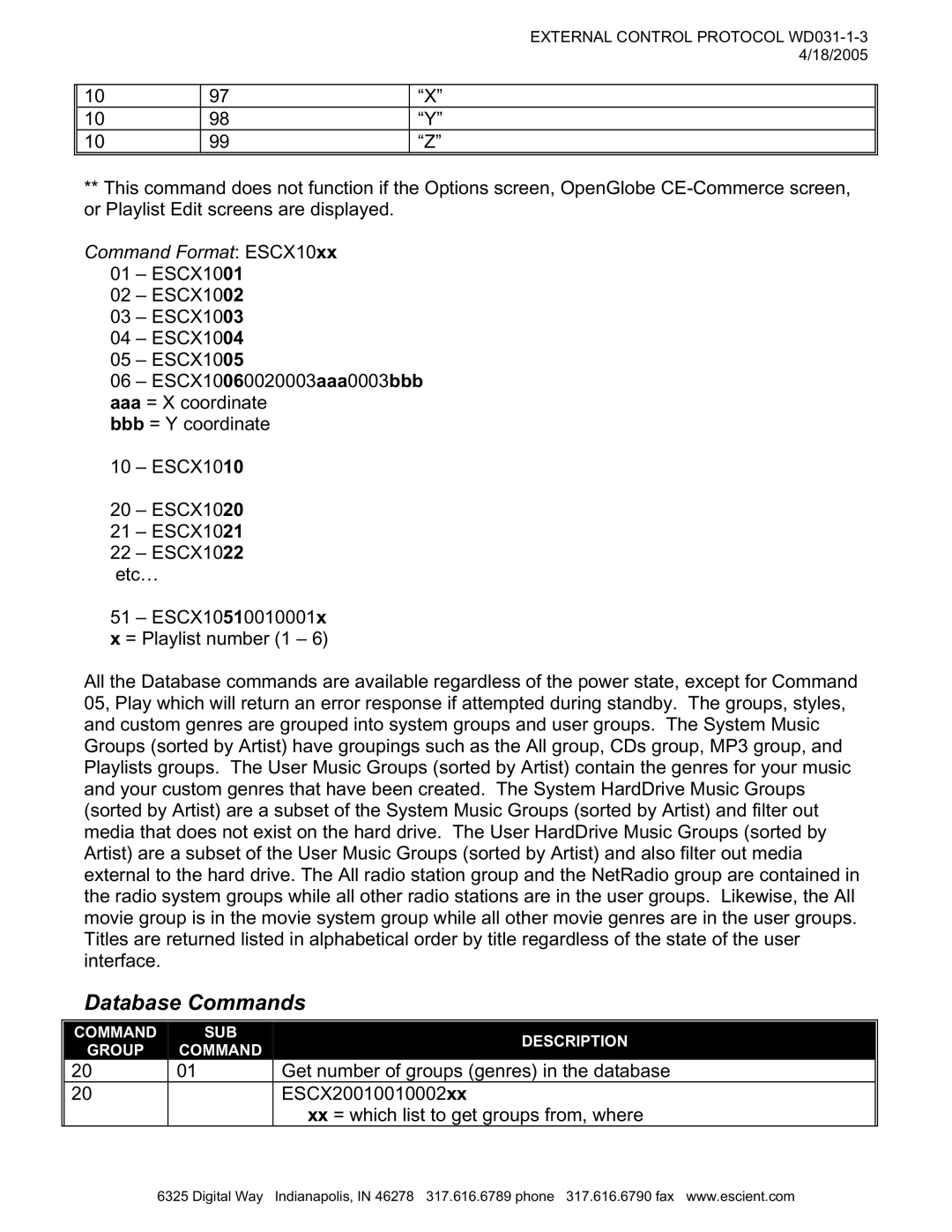 Escient MP-150 manual Database Commands 