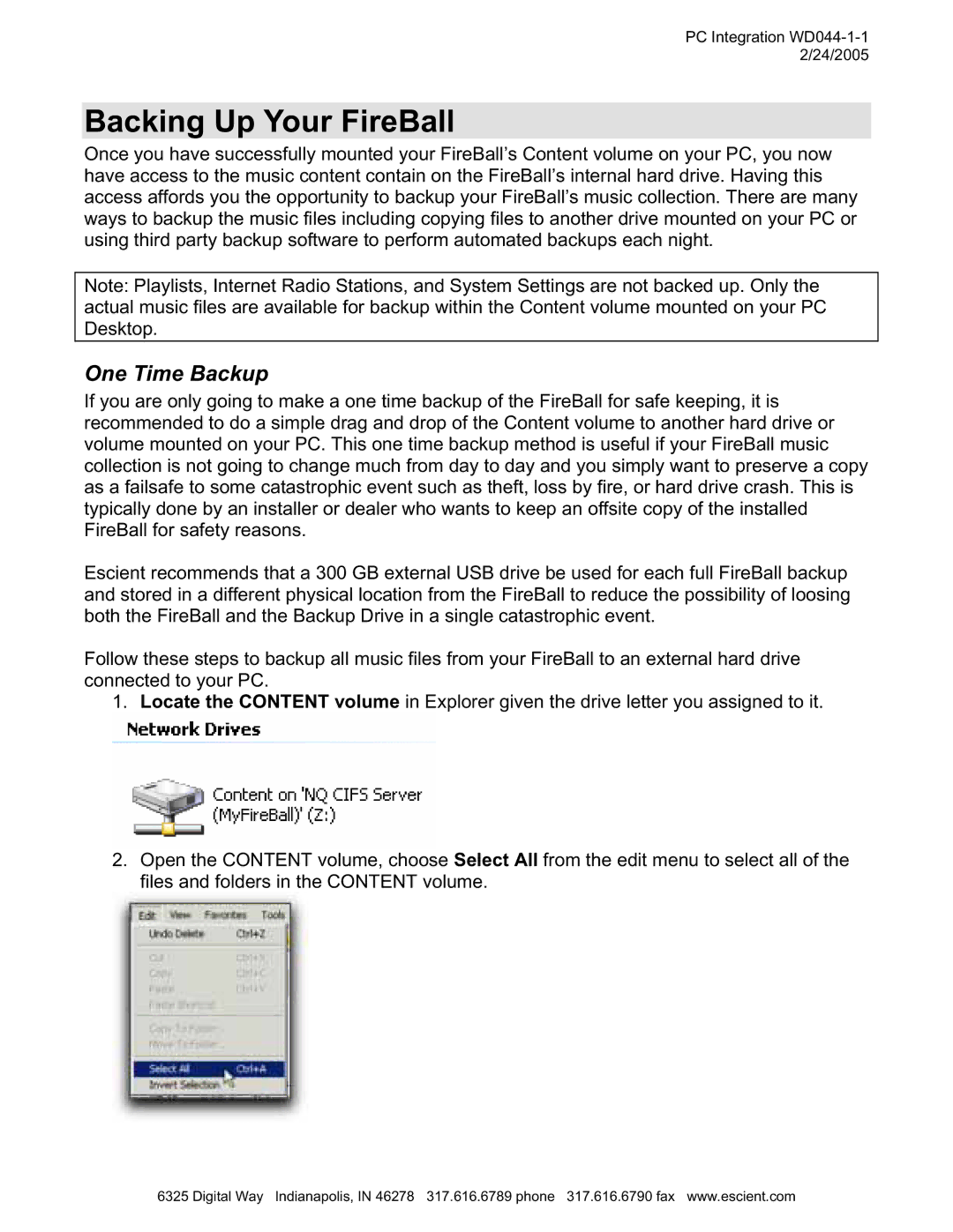 Escient MP-150 manual Backing Up Your FireBall, One Time Backup 