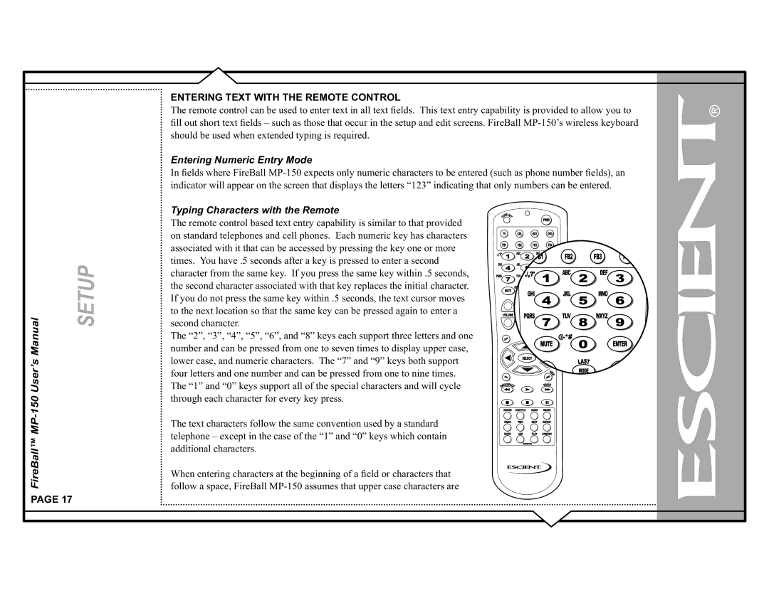 Escient MP-150 manual 175,1*77,7+7+5027&21752, QWHULQJ1XPHULFQWU\0RGH, SLQJ&KDUDFWHUVZLWKWKH5HPRWH 