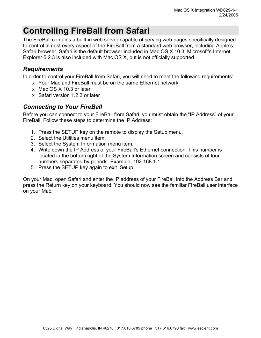 Escient MP-150 manual Controlling FireBall from Safari, Requirements 