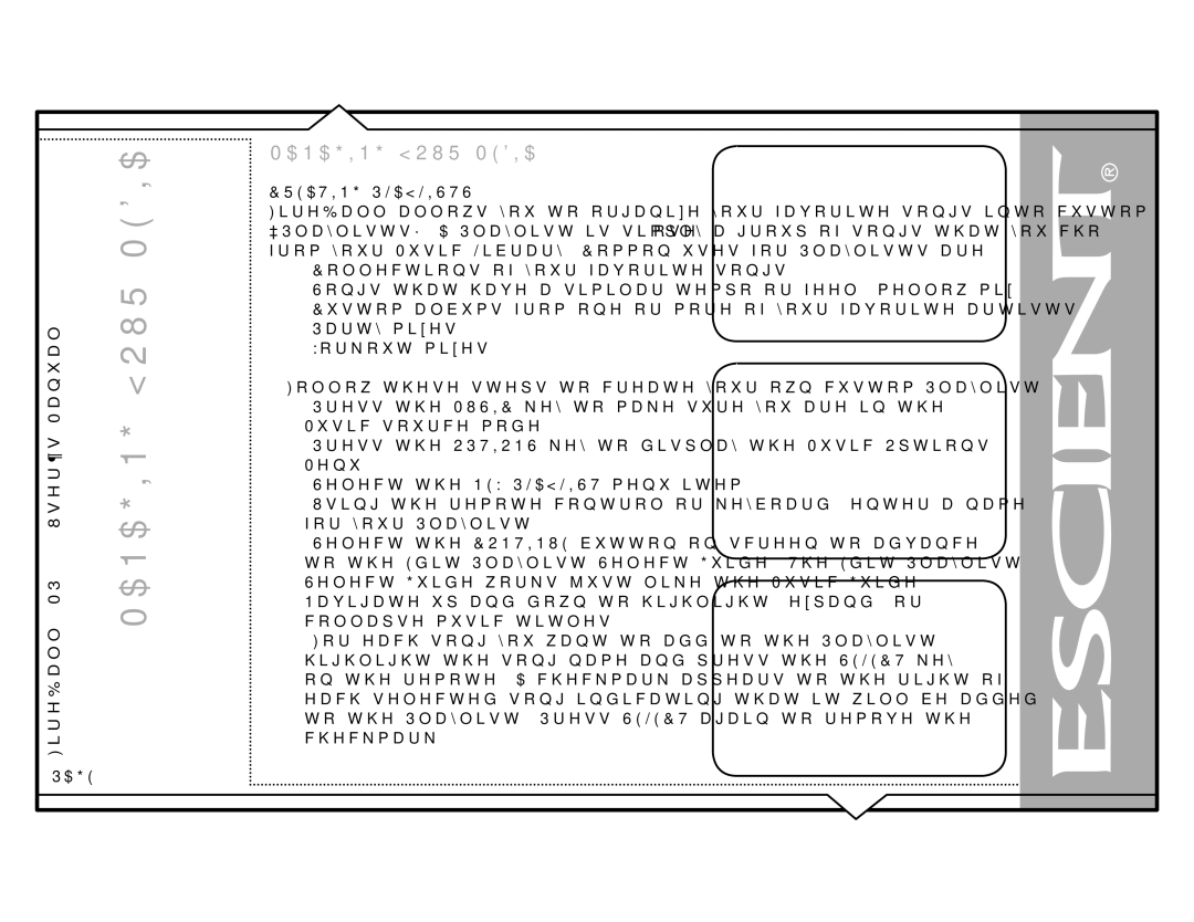 Escient MP-150 manual ‡ &RoohfwlrqvRi\RxuIdyrulwhVrqjv, 3DUW\PLHV, RunrxwPlhv, 0XVLFVRXUFHPRGH, 0HQX, Fkhfnpdun 