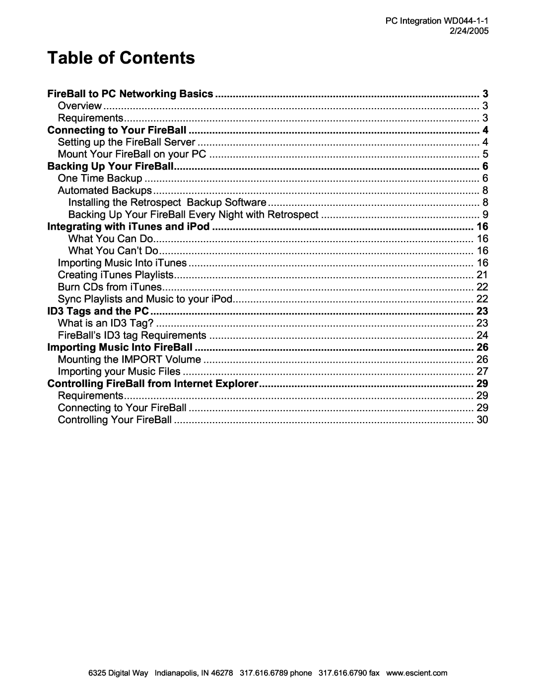 Escient MP-150 manual Table of Contents, PC Integration WD044-1-1, 2/24/2005 