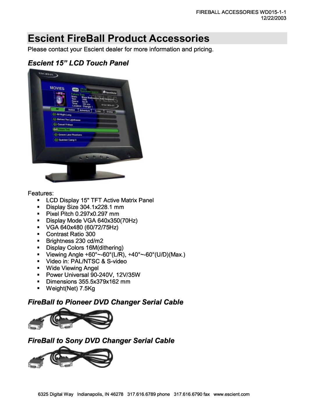 Escient MP-150 manual Escient FireBall Product Accessories, Escient 15” LCD Touch Panel 