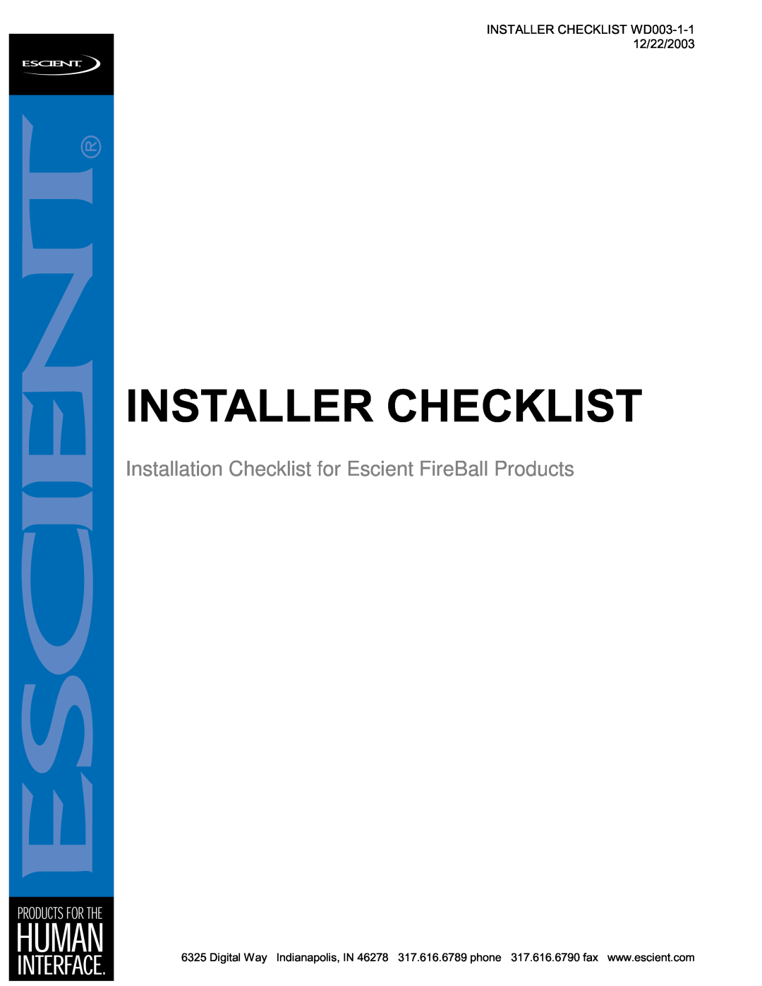Escient MP-150 manual Installer Checklist, INSTALLER CHECKLIST WD003-1-112/22/2003 