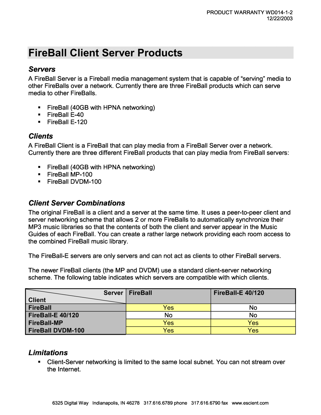 Escient MP-150 manual FireBall Client Server Products, Servers, Clients, Client Server Combinations, Limitations 