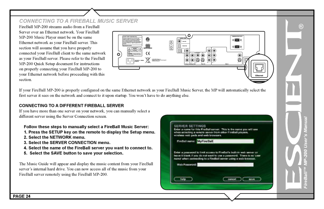 Escient MP-200 user manual Connecting to a Fireball Music Server 