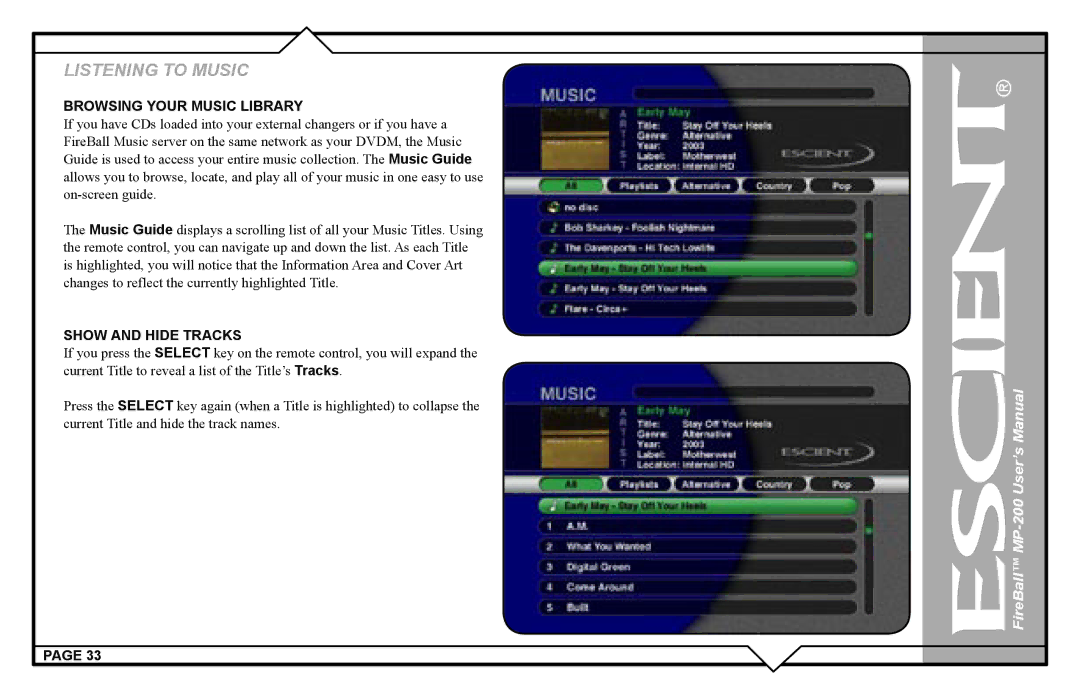 Escient MP-200 user manual Browsing Your Music Library, Show and Hide Tracks 