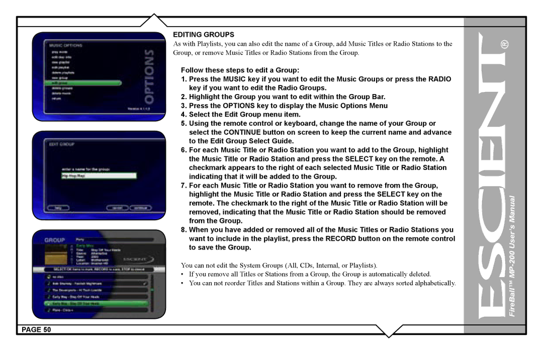 Escient MP-200 user manual Editing Groups 