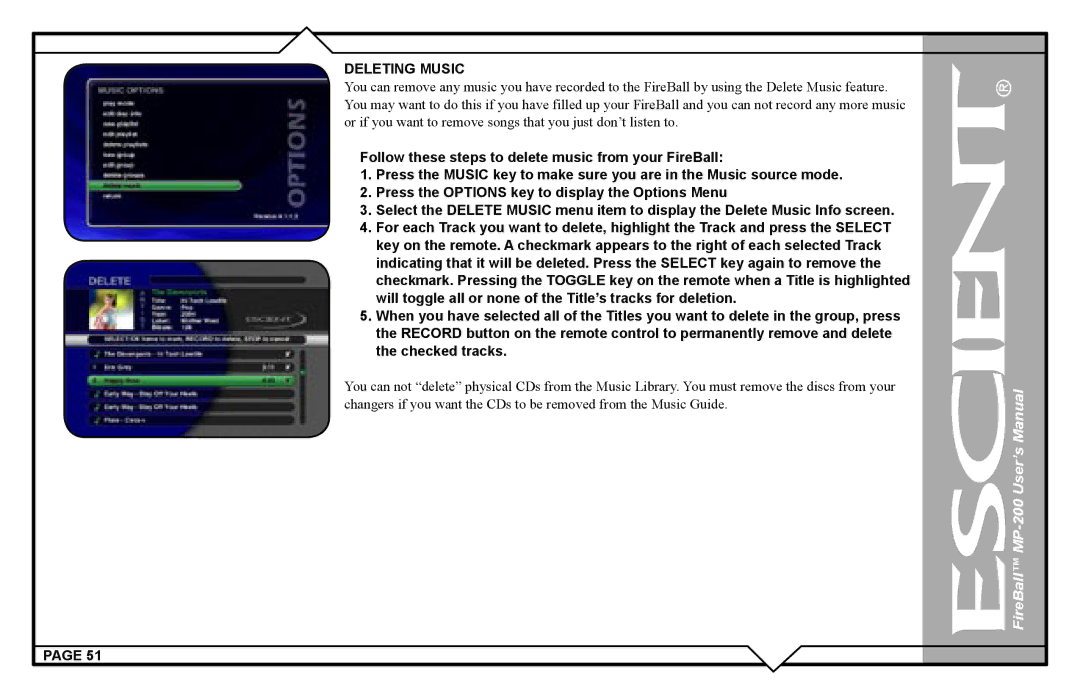 Escient MP-200 user manual Deleting Music 