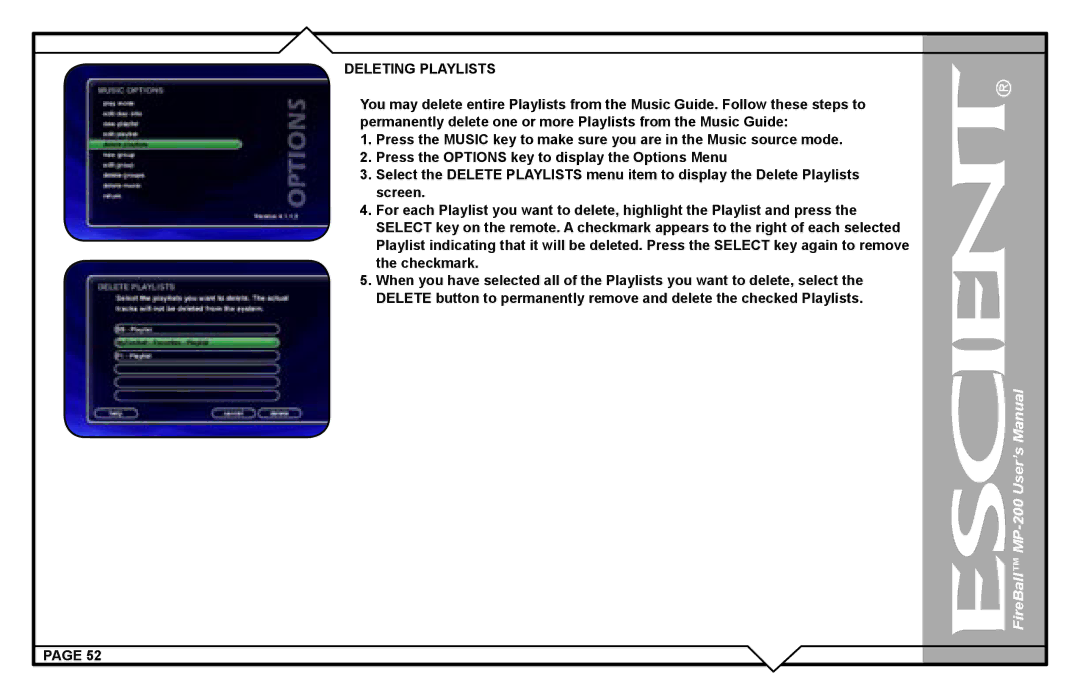 Escient MP-200 user manual Deleting Playlists 