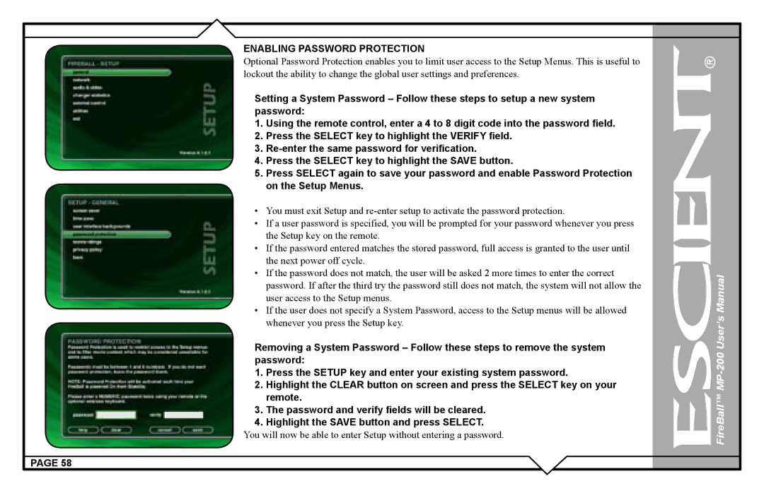 Escient MP-200 user manual Enabling Password Protection 