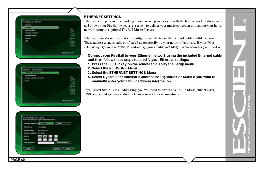 Escient MP-200 user manual Ethernet Settings 