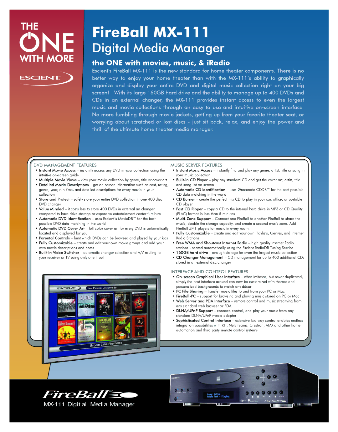 Escient MX-111 manual DVD Management Features, Music Server Features, Interface and Control Features 