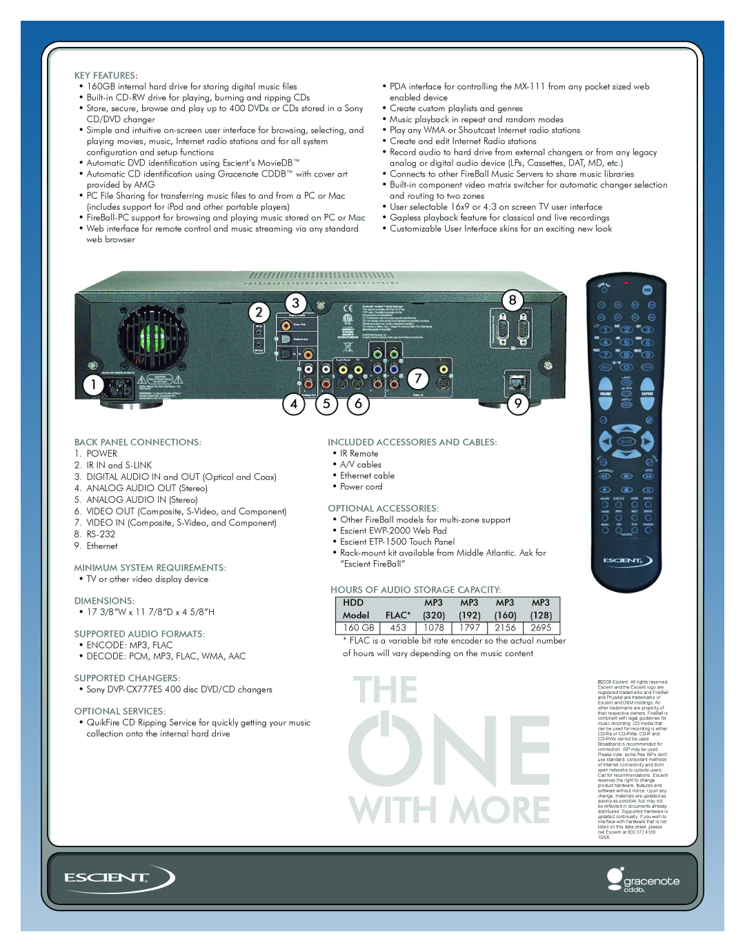 Escient MX-111 KEY Features, Back Panel Connections, Minimum System Requirements, Dimensions, Supported Audio Formats 