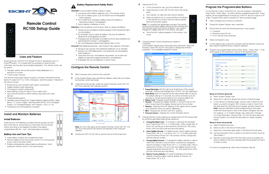 Escient RC100 setup guide Uses and Feature, Install and Maintain Batteries, Configure the Remote Control 