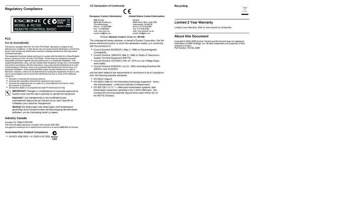 Escient RC100 setup guide Regulatory Compliance, Limited 2 Year Warranty About this Document 