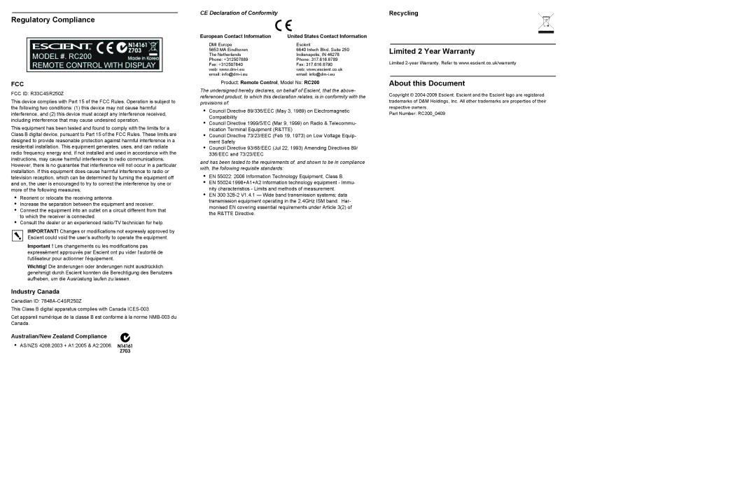 Escient RC200 setup guide Regulatory Compliance, Limited 2 Year Warranty About this Document 