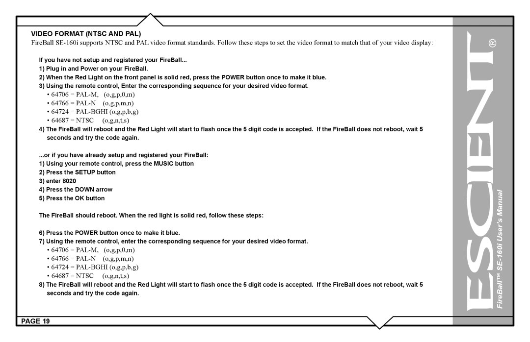 Escient SE-160i user manual = Ntsc 