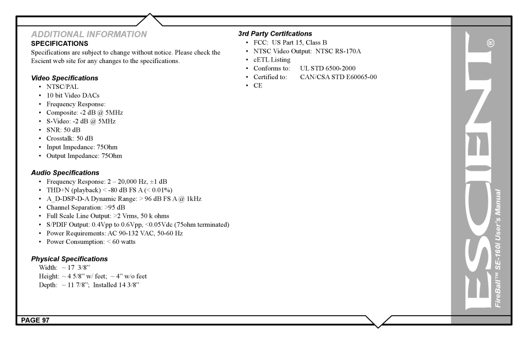 Escient SE-160i user manual Video Specifications, Ntsc/Pal 