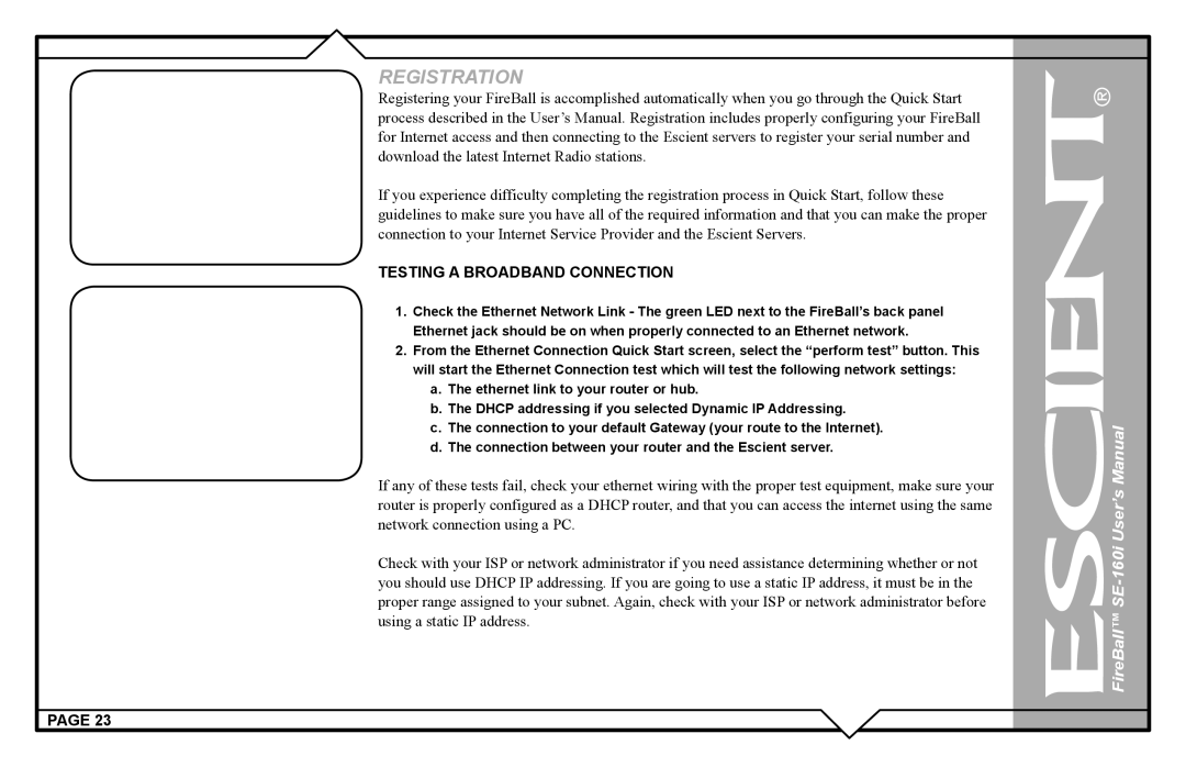 Escient SE-160i user manual Registration 