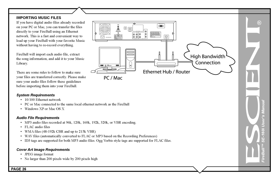 Escient SE-160i user manual Importing Music Files, System Requirements 