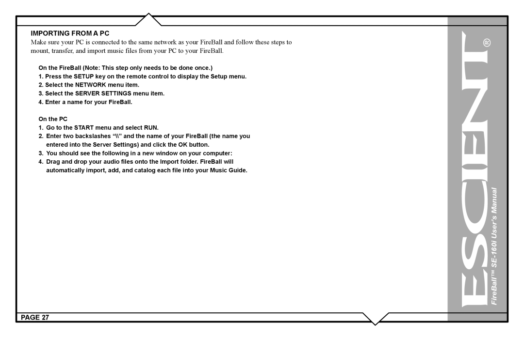 Escient SE-160i user manual Importing from a PC 