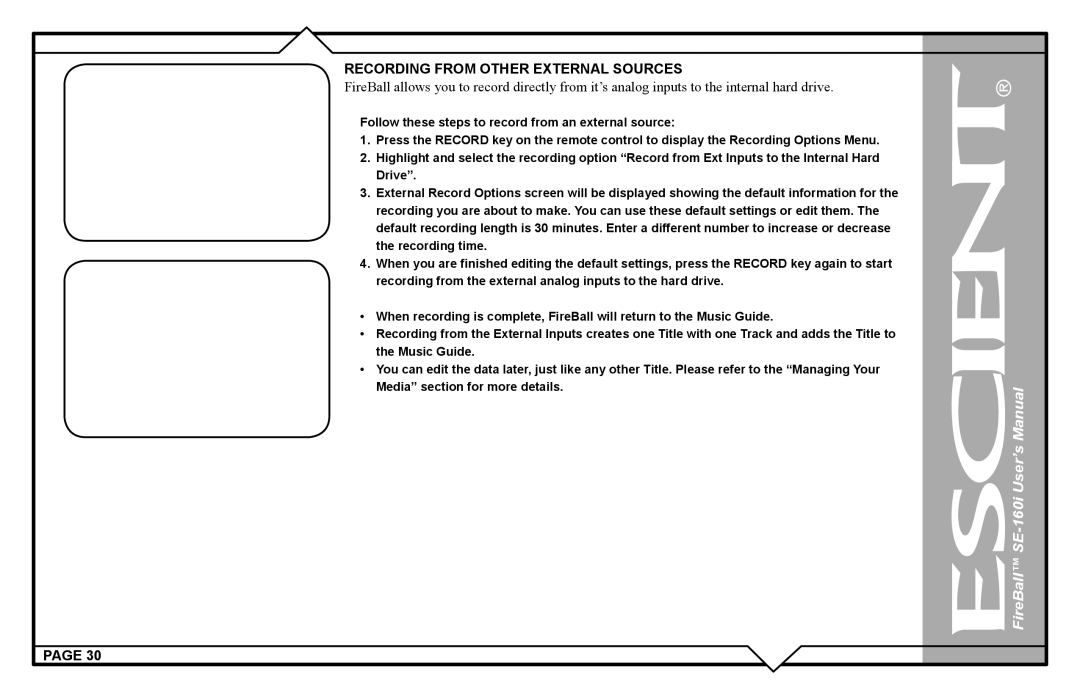 Escient SE-160i user manual Recording from Other External Sources 