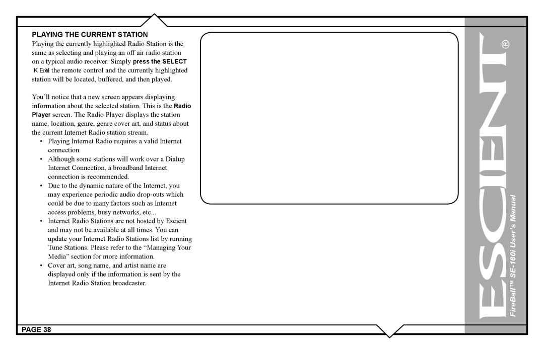 Escient SE-160i user manual Playing the Current Station 