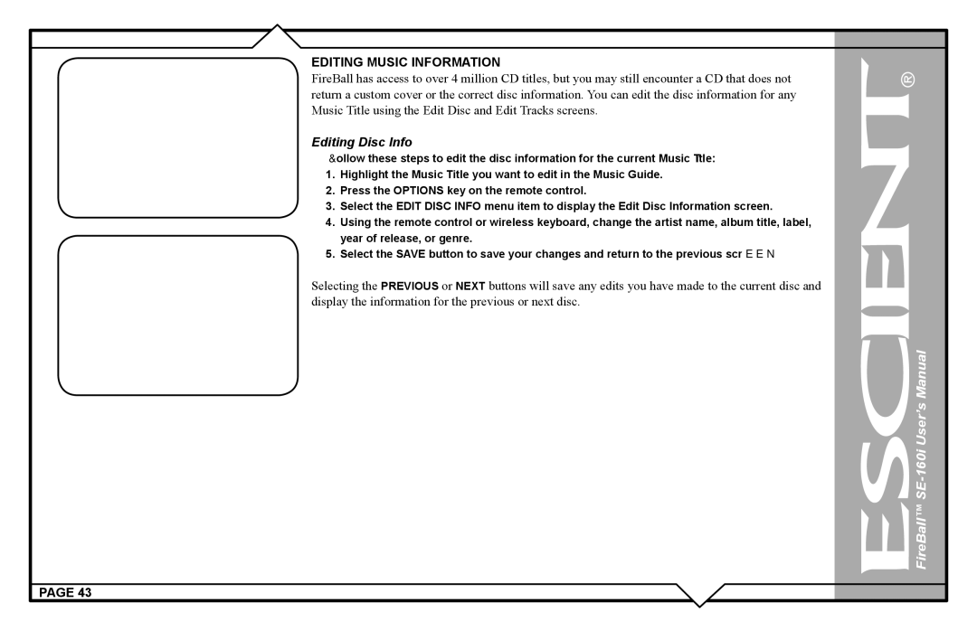 Escient SE-160i user manual Editing Music Information, Editing Disc Info 