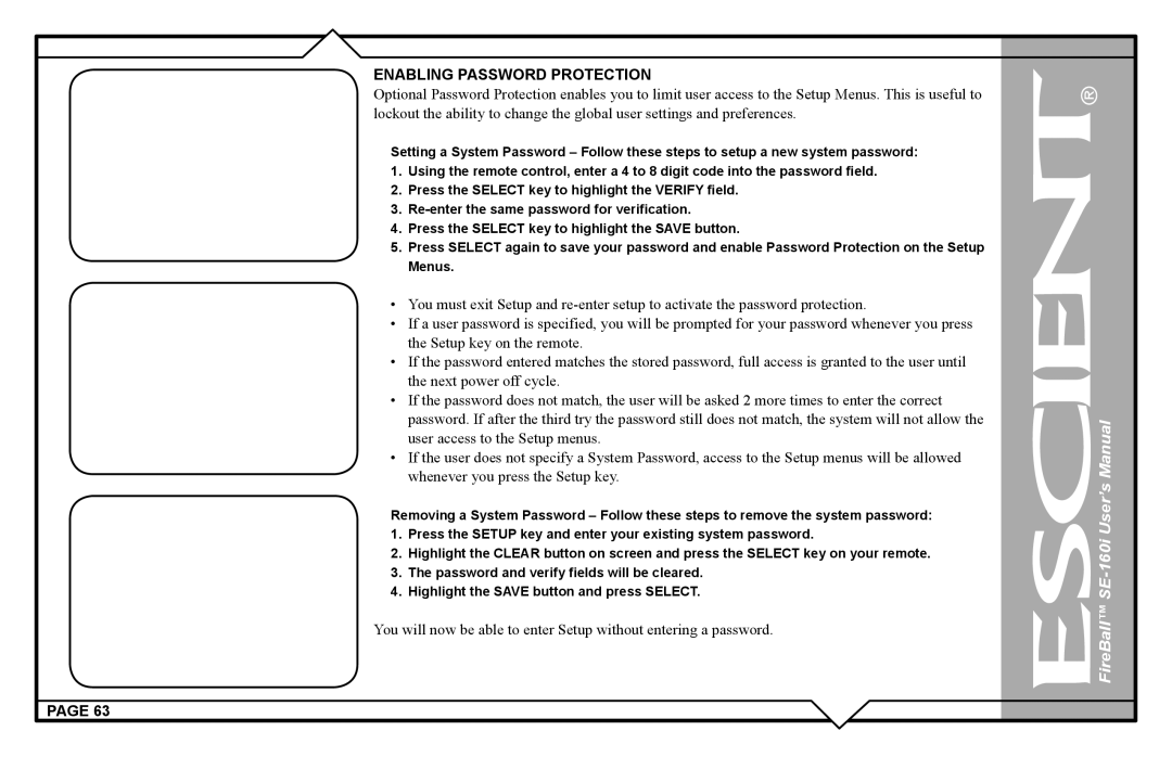 Escient SE-160i user manual Enabling Password Protection 