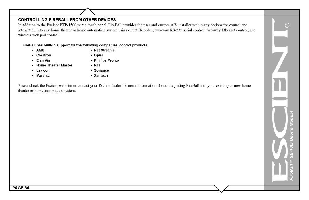 Escient SE-160i user manual Amx 