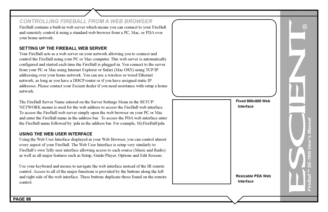 Escient SE-160i user manual Setting UP the Fireball WEB Server, Using the WEB User Interface 