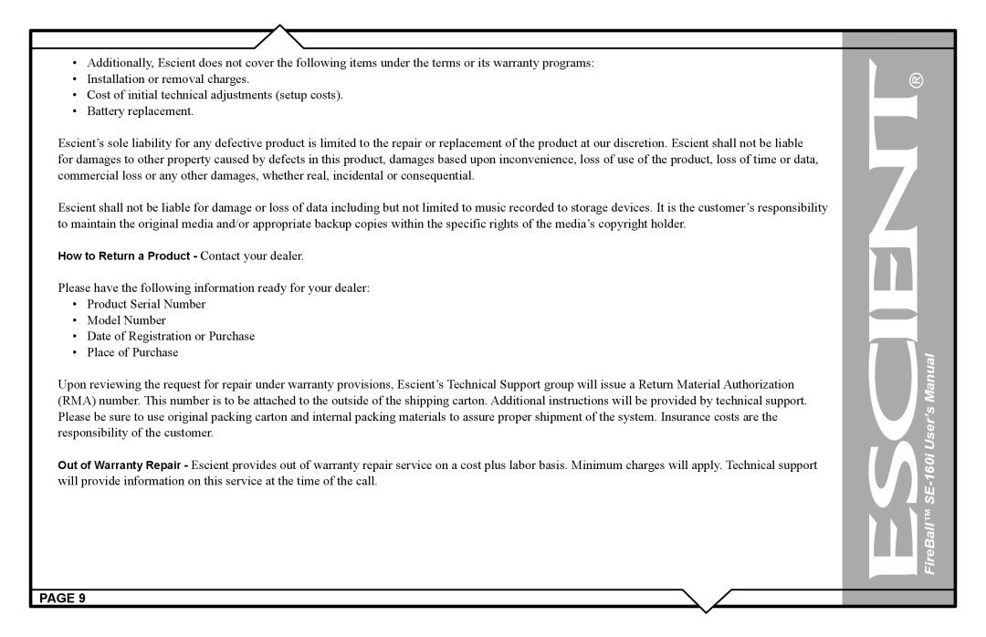 Escient SE-160i user manual How to Return a Product Contact your dealer 