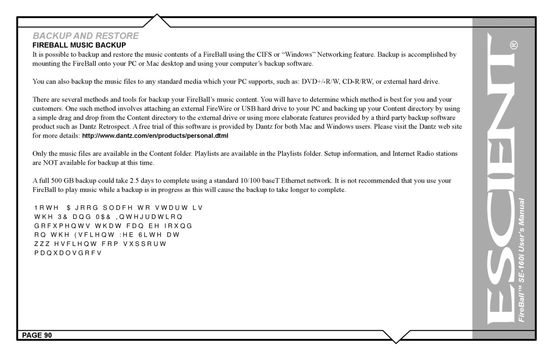 Escient SE-160i user manual Fireball Music Backup 