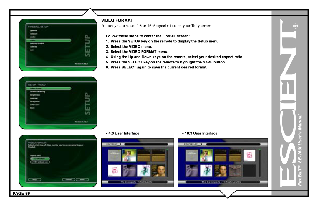 Escient SE-160i user manual Video Format, Page 