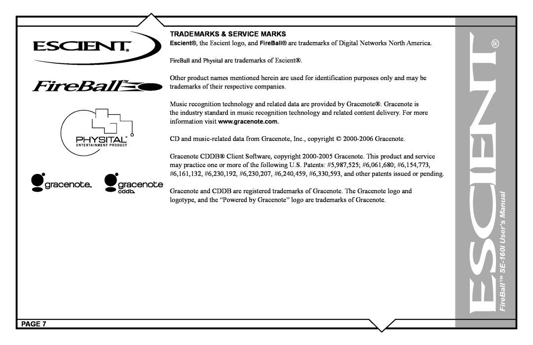 Escient SE-160i user manual FireBall and Physital are trademarks of Escient 