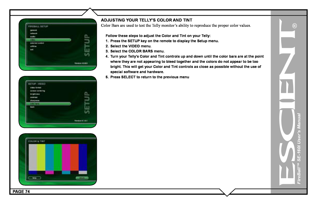 Escient SE-160i user manual Adjusting Your Telly’S Color And Tint, Page 